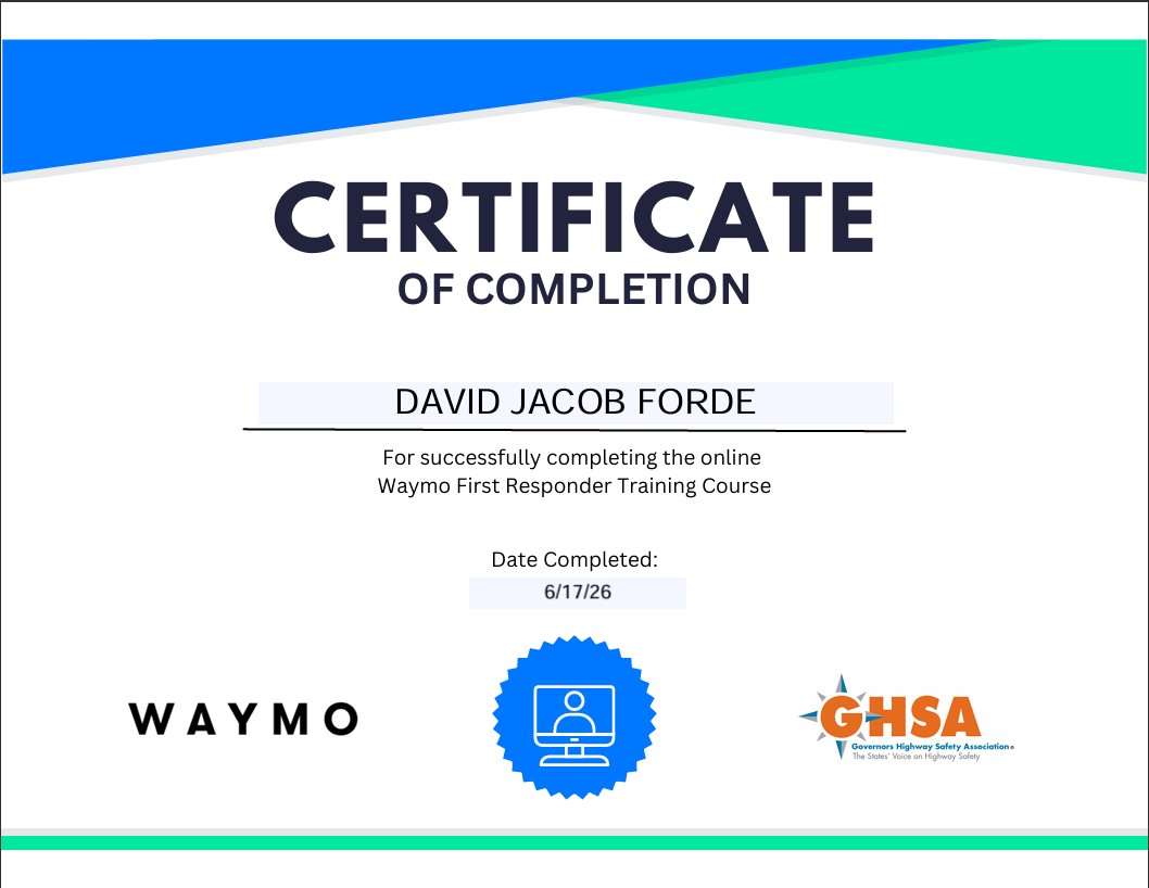 GHSA / Waymo First Responder AV Training certificate
